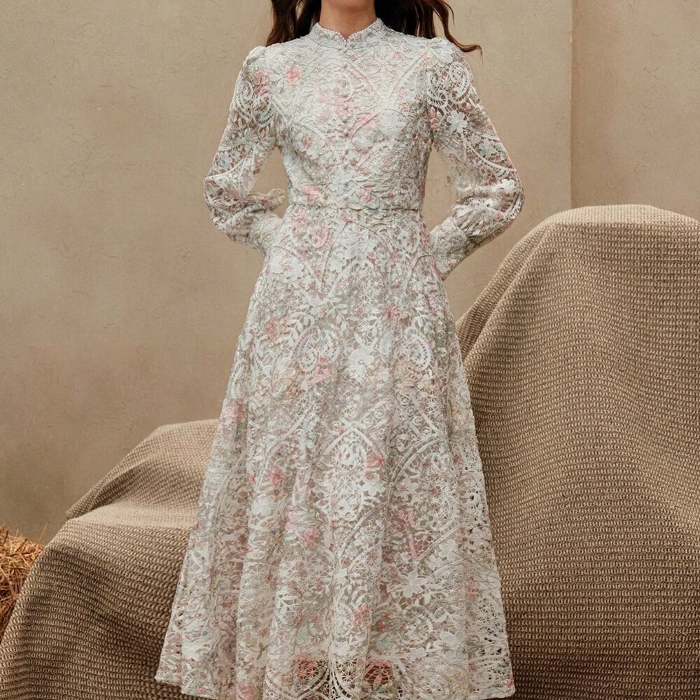 Multicolor Elegant Women's Watercolor Patchwork Embroidered A-Line Dress